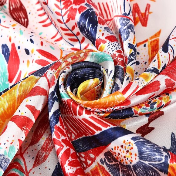 35 Inch Silk Head Scarf 2 Pcs Floral(navy/Red) - Picture 6 of 7